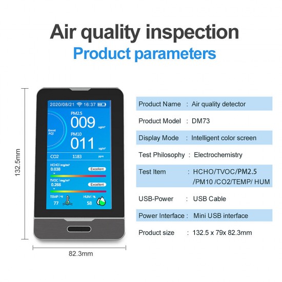 WIFI PM2.5 PM1.0 PM10 Temperature Humidity Air Quality Monitor 4.3 Inch LED Display Intelligent CO2 HCHO TOVC Gas Detector