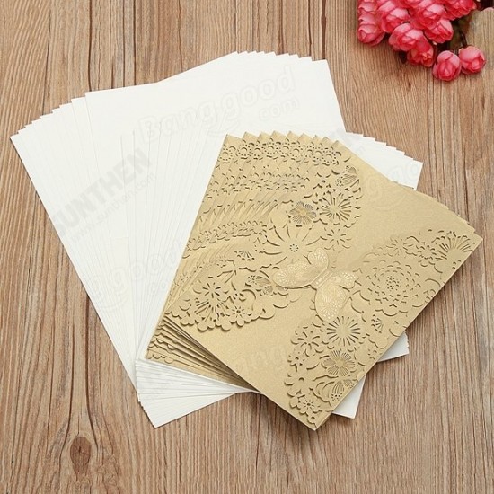 10Pcs Gold Paper Wedding Invitation Envelope Laser Cut Wedding Invitation Cards Birthday Party Card