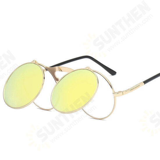 UV400 Vintage Steampunk Flip Up Men Sunglasses Women Retro Round Metal Frame Sun Glasses Hinge Design Curved Glasses Legs