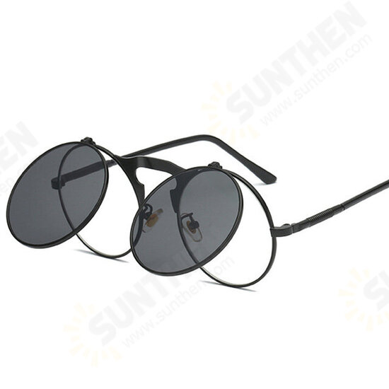 UV400 Vintage Steampunk Flip Up Men Sunglasses Women Retro Round Metal Frame Sun Glasses Hinge Design Curved Glasses Legs