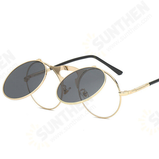 UV400 Vintage Steampunk Flip Up Men Sunglasses Women Retro Round Metal Frame Sun Glasses Hinge Design Curved Glasses Legs