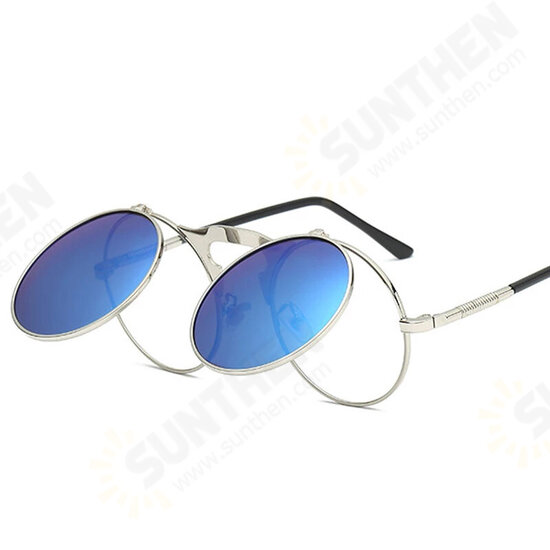 UV400 Vintage Steampunk Flip Up Men Sunglasses Women Retro Round Metal Frame Sun Glasses Hinge Design Curved Glasses Legs