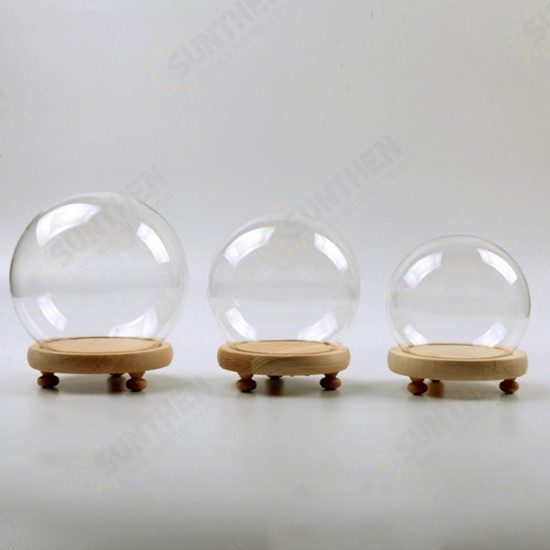 Round Decorative Transparent Glass Dome with Wooden Base Cloche Bell Jar