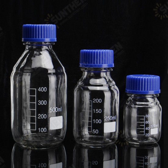 100/250/500mL Borosilicate Glass Clear Reagent Bottle Blue Screw Cap Lab Storage Bottle