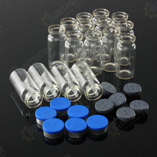 100Pcs 10mL Clear Glass Bottle Storage Vials w/ Stopper Flip Off Seals Aluminum Blue Caps