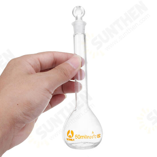 50mL Clear Glass Volumetric Flask w/ Glass Stopper Lab Chemistry Glassware