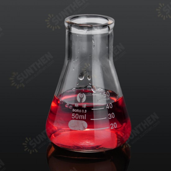 50mL Lab Glass Erlenmeyer Conical Flask Bottle w/ Rim Borosilicate Laboratory Glassware