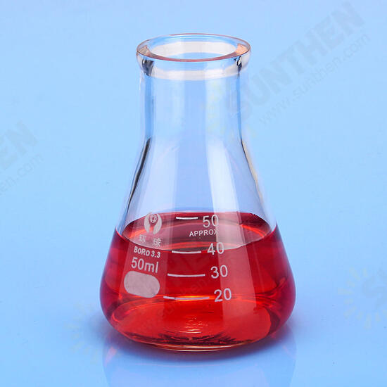 50mL Lab Glass Erlenmeyer Conical Flask Bottle w/ Rim Borosilicate Laboratory Glassware