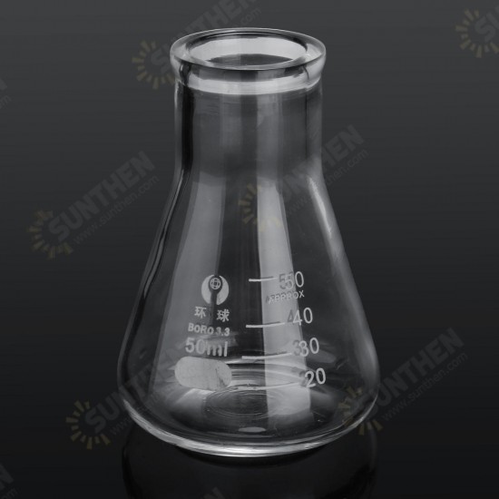 50mL Lab Glass Erlenmeyer Conical Flask Bottle w/ Rim Borosilicate Laboratory Glassware