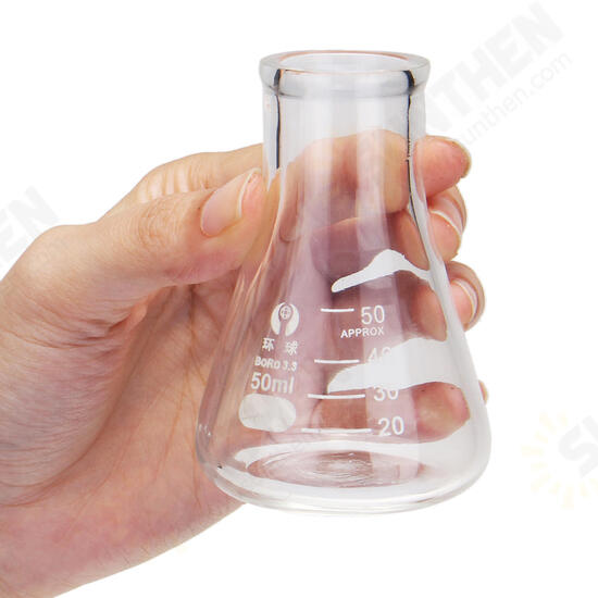 50mL Lab Glass Erlenmeyer Conical Flask Bottle w/ Rim Borosilicate Laboratory Glassware