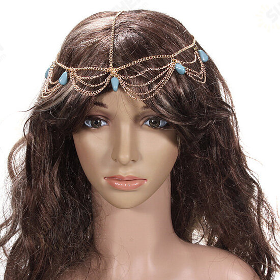 Lady Headdress Turquoise Stone Gold Headbrand Hair Cuff Chain