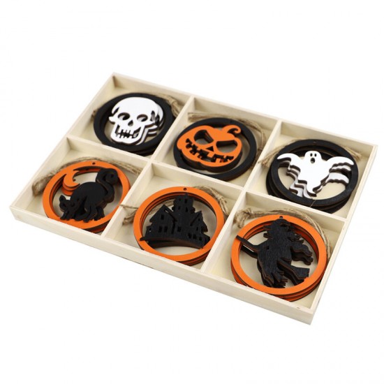 Colorful Halloween Six-square Grid Ghost Pendant Wooden Chips Home Party Decoration Creative Festival Gift - 18PCS/Box