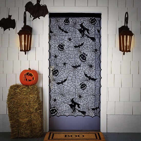 Halloween Lace Window Door Curtains Witch Pumpkins Bats Cloth Haunted House Decor