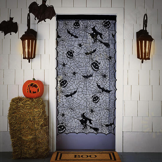 Halloween Lace Window Door Curtains Witch Pumpkins Bats Cloth Haunted House Decor