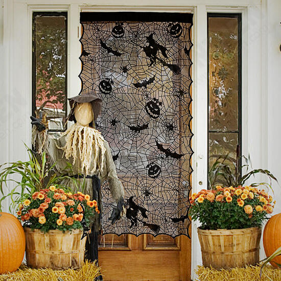 Halloween Lace Window Door Curtains Witch Pumpkins Bats Cloth Haunted House Decor