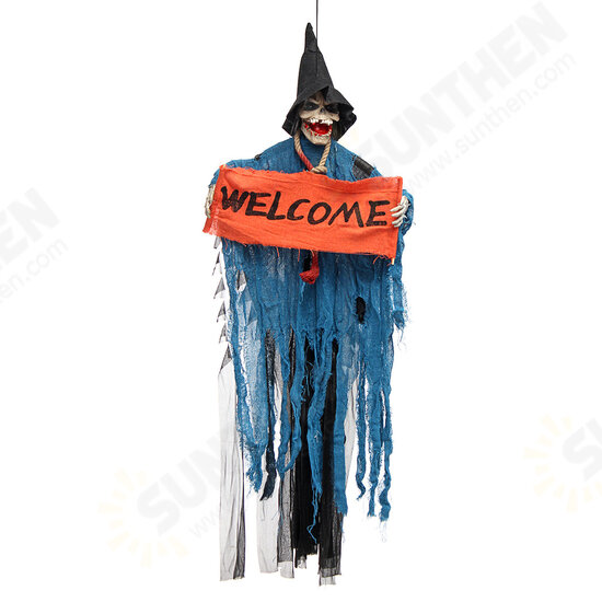 Halloween Tools Scary Welcome Sign Hanging Skeleton Voice Lights Eyes for Halloween Decorations