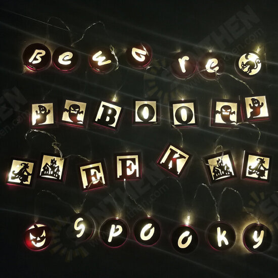 Wooden SPOOKY Alphabet Evil Pumpkin Pattern LED Light String Halloween Pendant Crafts For Home Party Decoration