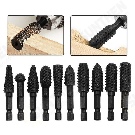 10pcs 1/4 Inch Shank Woodworking Twist Drill Bits Wood Carving File Drill Bits Woodworking Rasp Chisel