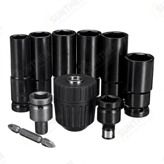 10pcs Air Impact Socket Wrench Set 1/2 Inch Square Drive Metric Drill Chuck Adapter