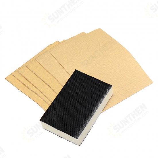 7pcs 154X100mm Flocking Yellow Sandpaper with Sponge Block