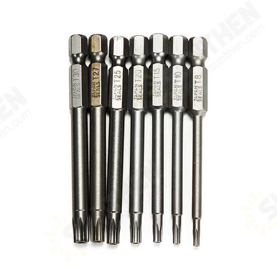 7pcs 75mm T8-T30 Magnetic Torx Screwdriver Bits 1/4 Inch Hex Shank Screwdriver Set