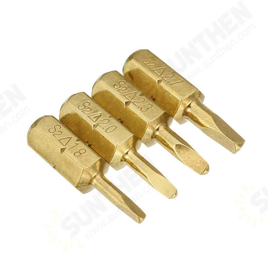 4pcs 25mm 1.8-2.7mm Triangle Shaped Screwdriver Bits 1/4 Inch Hex Shank Electroplating Bronze