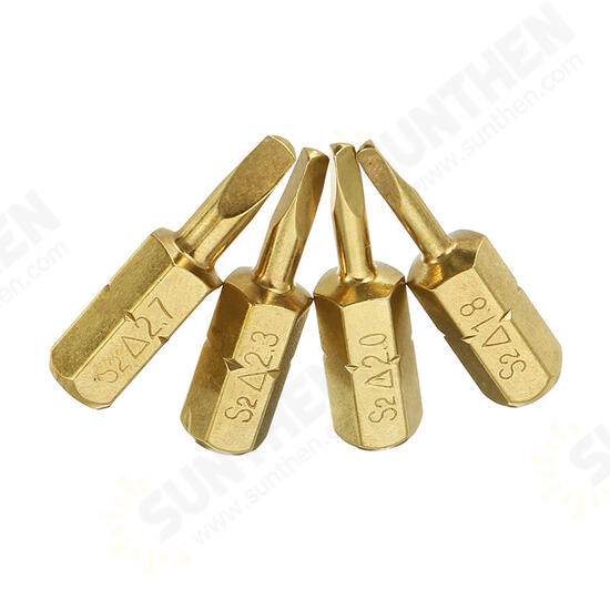 4pcs 25mm 1.8-2.7mm Triangle Shaped Screwdriver Bits 1/4 Inch Hex Shank Electroplating Bronze