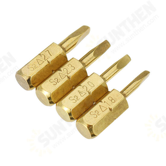 4pcs 25mm 1.8-2.7mm Triangle Shaped Screwdriver Bits 1/4 Inch Hex Shank Electroplating Bronze