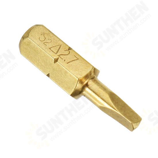 4pcs 25mm 1.8-2.7mm Triangle Shaped Screwdriver Bits 1/4 Inch Hex Shank Electroplating Bronze