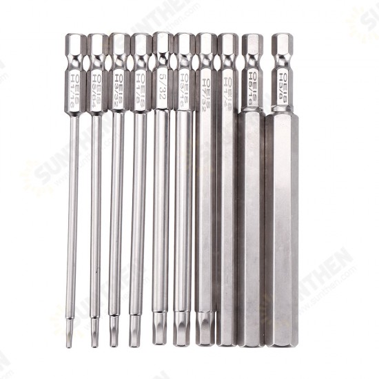 10Pcs 100mm 1/4 Inch Shank S2 Steel SAE Hex Head Allen Wrench Screwdriver Bit Drill Bit Set