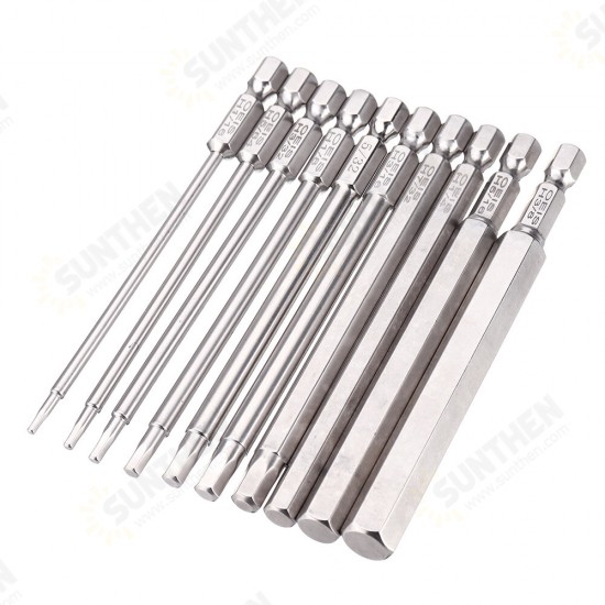 10Pcs 100mm 1/4 Inch Shank S2 Steel SAE Hex Head Allen Wrench Screwdriver Bit Drill Bit Set