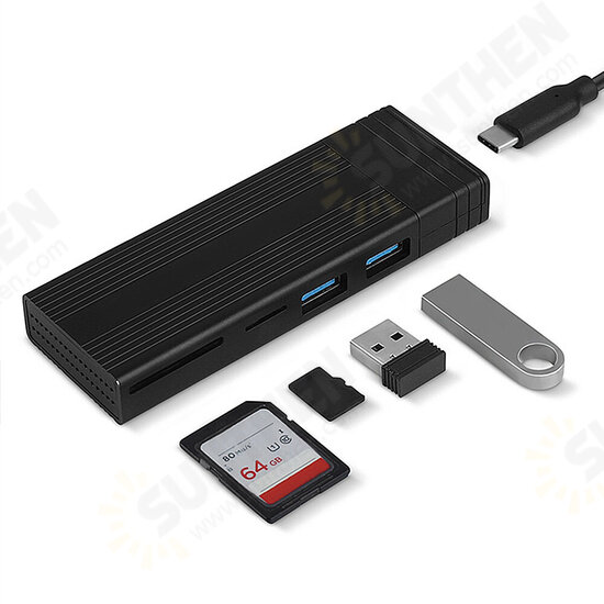 Dual-Protocol M.2 SSD Enclosure Type-C to Type-C Connection 1GB/S NVME/SATA with 2 USB2.0 Hub TF/SD Card Reader Portable Solid State Drive Box for Laptop