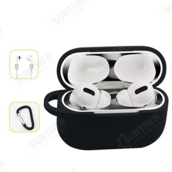 4 in 1 Silicone Shockproof Anti-drop Earphone Storage Case with keychain + Anti-lost Strap + Dust-proof Metal Protective Film Sticker for Airpods Pro 2019