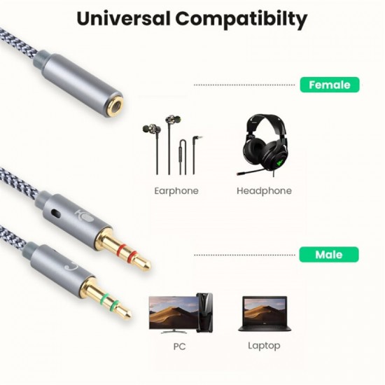 YH192 2-In-1 Audio Cable 3.5mm Adapter Female to Microphone Audio Male Braided Conversion Line for PC Computer Laptop Tablet Mobile Phones