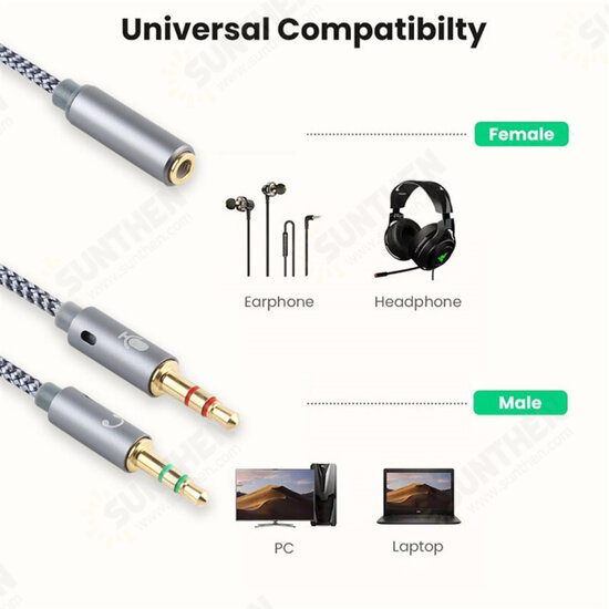 YH192 2-In-1 Audio Cable 3.5mm Adapter Female to Microphone Audio Male Braided Conversion Line for PC Computer Laptop Tablet Mobile Phones