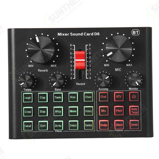 D6 Sound Card Bluetooth Audio Mixer USB External Computer PC Mobile Phone Earphone Microphone for Live Broadcast Karaoke Recording