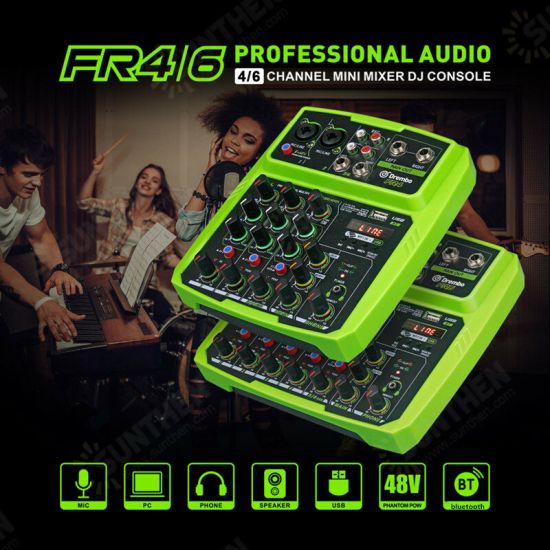 4 Channel Protable Digital Audio Mixer Console with Sound Card bluetooth USB 48V Phantom Power for DJ PC Recording