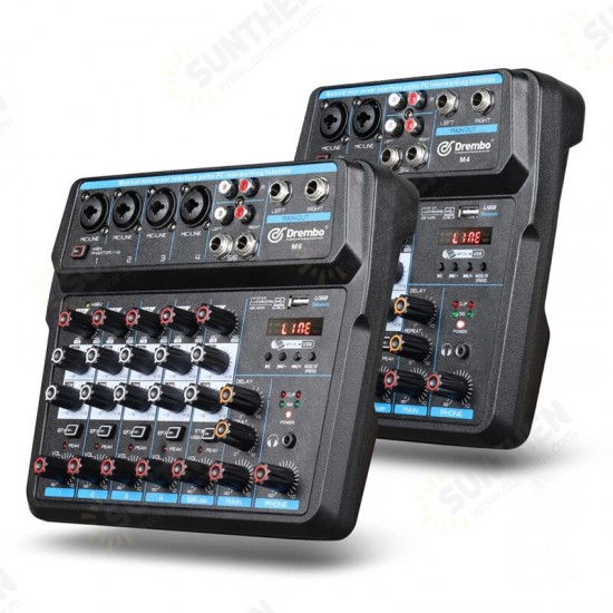 M 4/6-channel Protable bluetooth Digital Audio Mixer Console with Sound Card USB 48V Phantom Power for DJ PC Recording