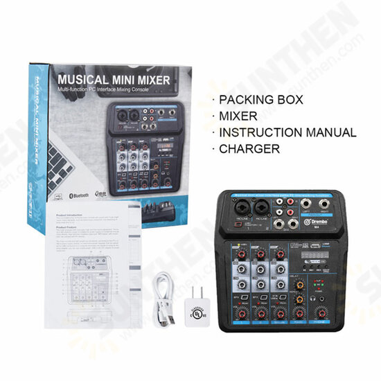 M 4/6-channel Protable bluetooth Digital Audio Mixer Console with Sound Card USB 48V Phantom Power for DJ PC Recording