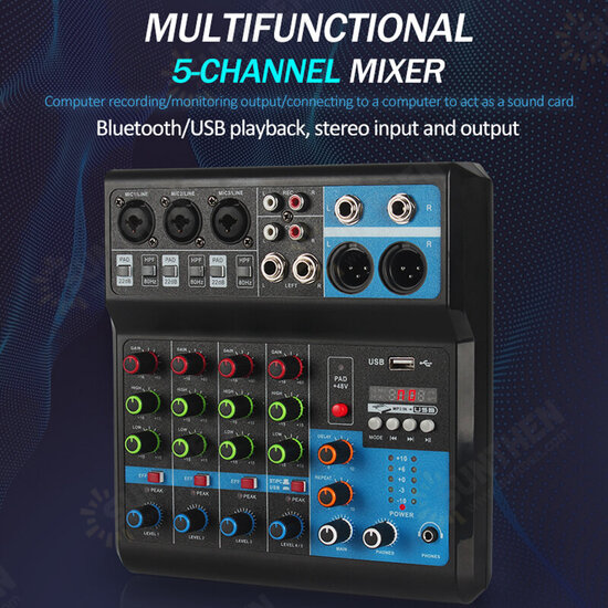 F-5A 5 Channel Mixer bluetooth Sound Card Stereo Input Output Record bluetooth USB DJ Mixer for Headphone Speaker Computer