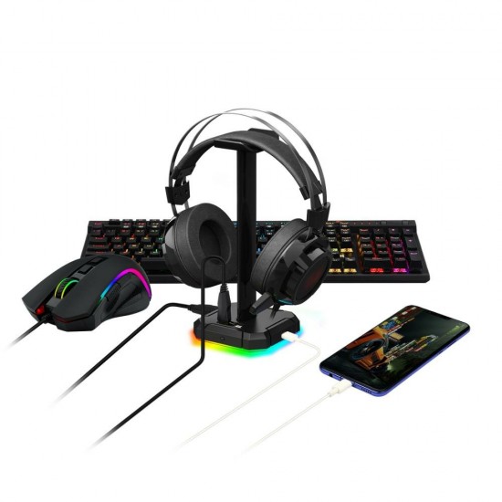 HA300 Headphones Holder RGB Luminous 4X USB 2.0 Ports Gaming Headset Stand Bracket with Non-Slip Solid Rubber Base