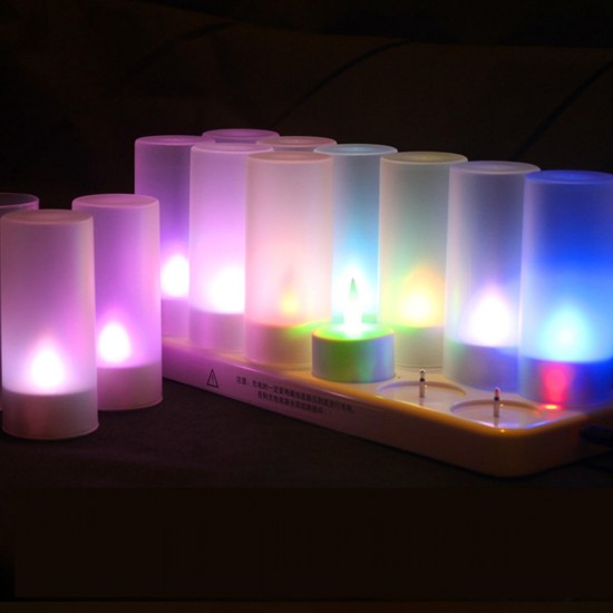 12PCS Rechargeable Colorful Flameless Flickering Tea Candle Light + Holder UK Plug AC220V