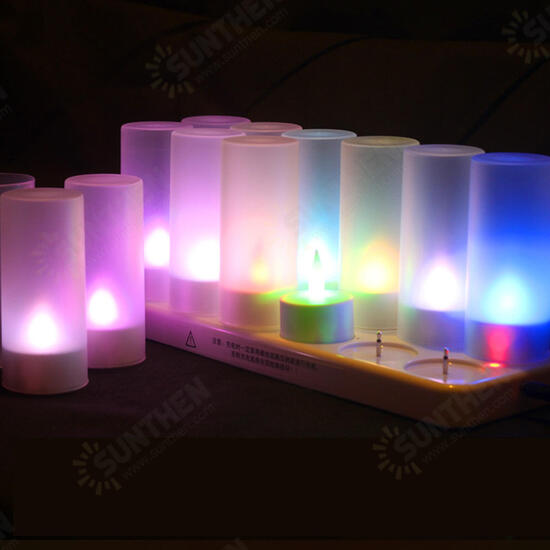 12PCS Rechargeable Colorful Flameless Flickering Tea Candle Light + Holder UK Plug AC220V