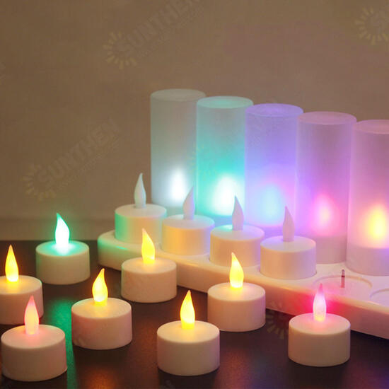 12PCS Rechargeable Colorful Flameless Flickering Tea Candle Light + Holder UK Plug AC220V