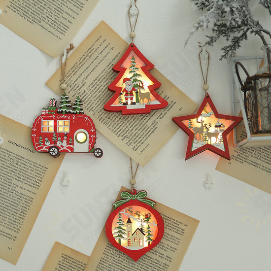 1Pcs Christmas Ornaments With Light Hollow Wooden Pendants Creative Car Small Tree Ornaments