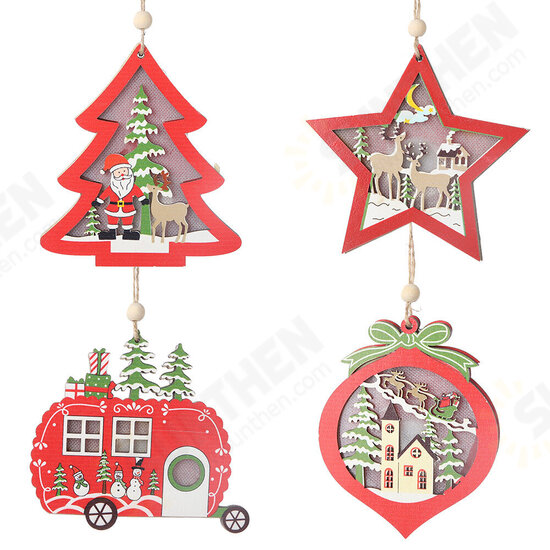 1Pcs Christmas Ornaments With Light Hollow Wooden Pendants Creative Car Small Tree Ornaments