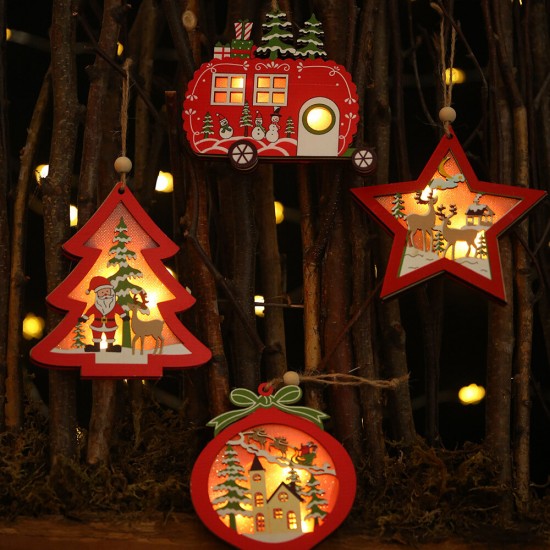 1Pcs Christmas Ornaments With Light Hollow Wooden Pendants Creative Car Small Tree Ornaments