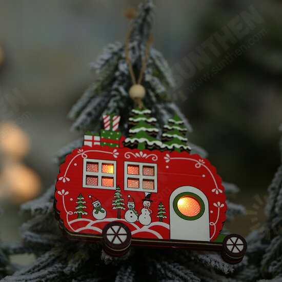 1Pcs Christmas Ornaments With Light Hollow Wooden Pendants Creative Car Small Tree Ornaments