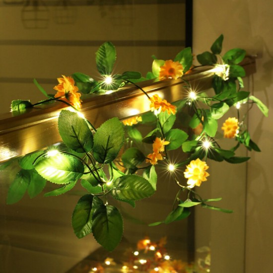 2M LED Light String Artificial Orange Rattan Sunflower Green Vines Battery Powered Copper Wire Lamp Ins Room Decoration