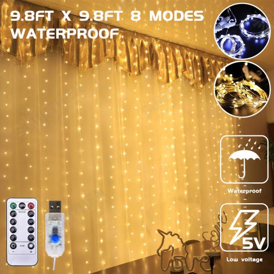 3*3m 300LED USB Waterproof LED Window Curtain String Lights Remote Control 8 Modes Fairy Lights Home Christmas